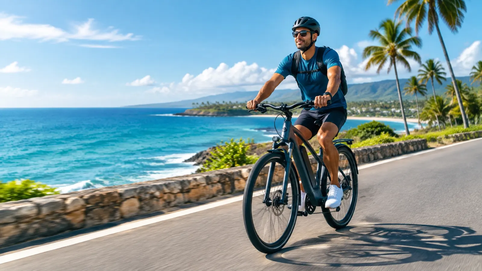 Cyclist riding an e-bike along a scenic Dominican coastal road