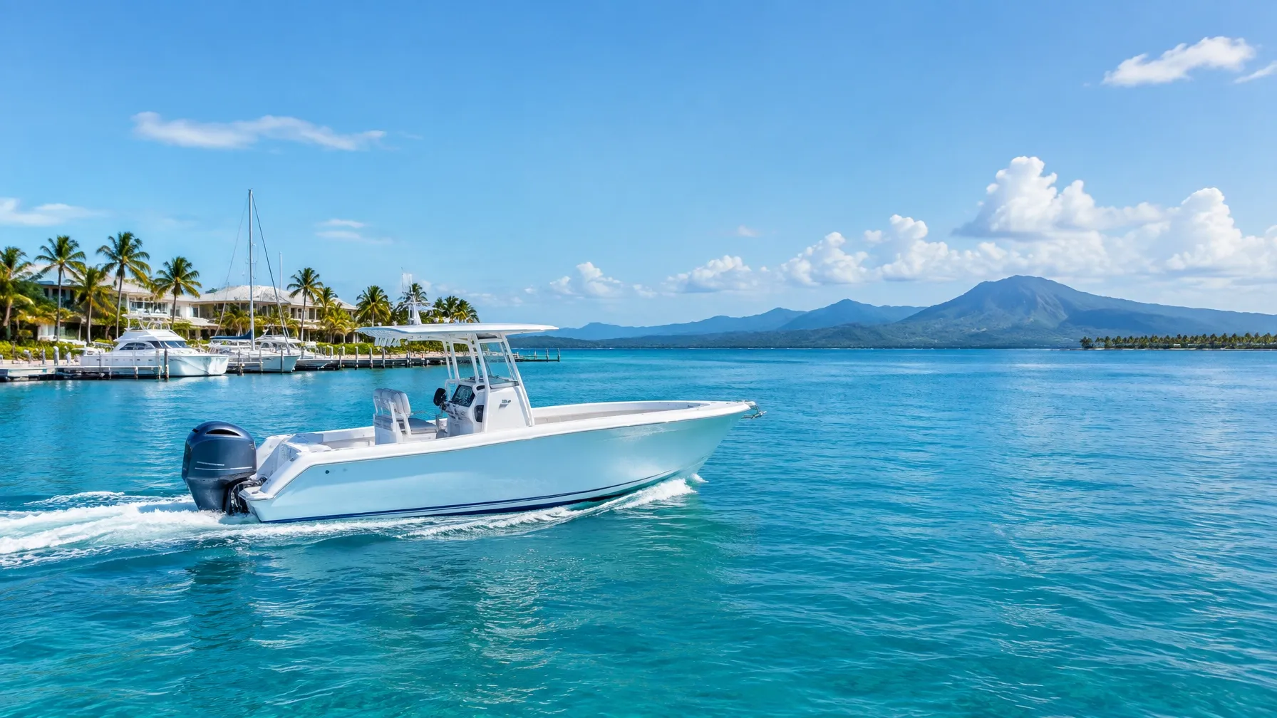 Recreational boat with an outboard motor on calm Caribbean water
