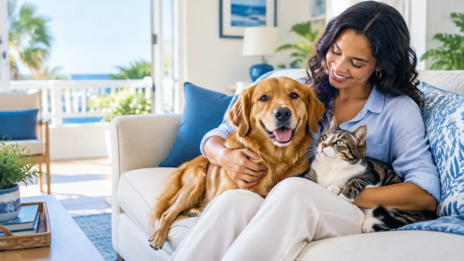 Happy dog and cat with their owner in a bright home for pet insurance